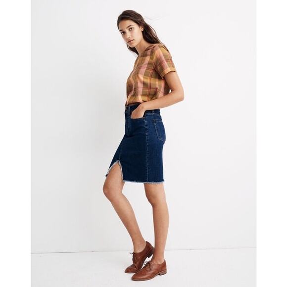 Madewell Stretch Denim Pegged Skirt Size 28 Bellhaven Wash Cutout Raw Hem NWT - Picture 2 of 11